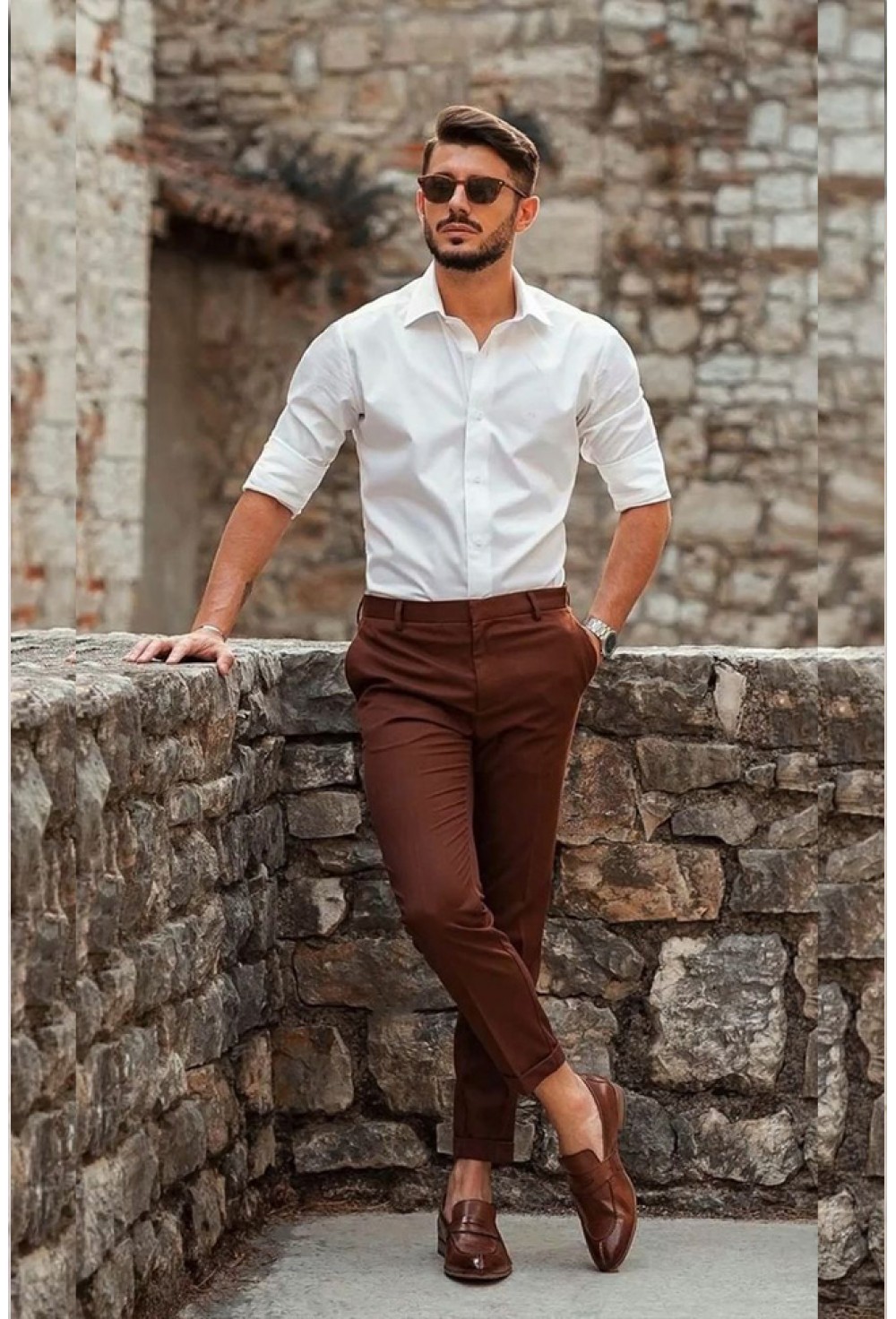 White Brown Semi Formal Shirt Pant