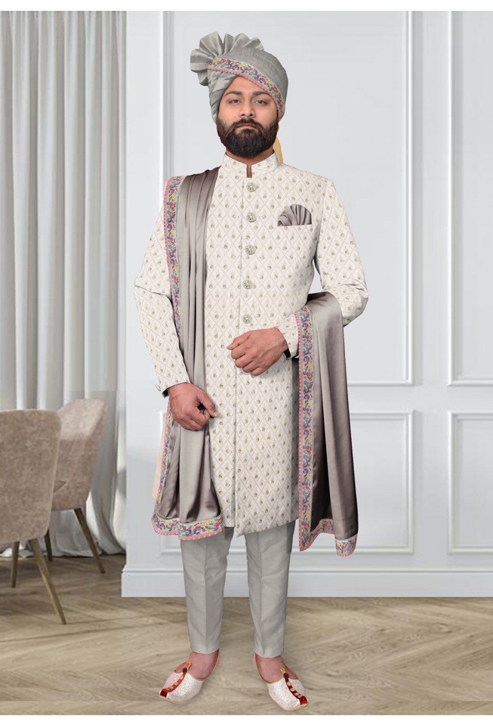 Grey White Embroidred Sherwani