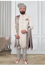 Grey White Embroidred Sherwani