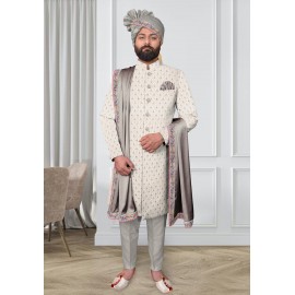 Grey White Embroidred Sherwani