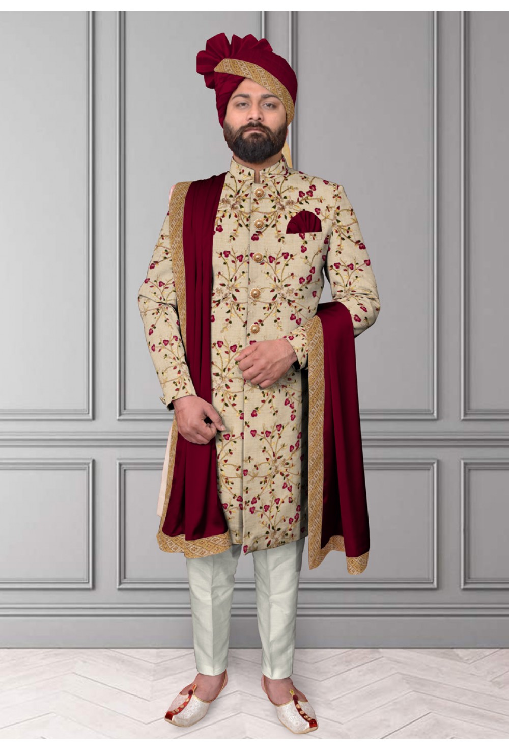 Magenta Floral Embroidred Sherwani