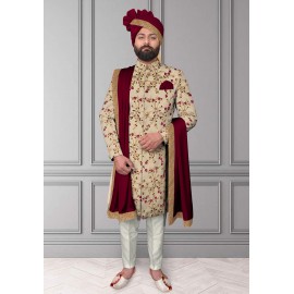 Magenta Floral Embroidred Sherwani