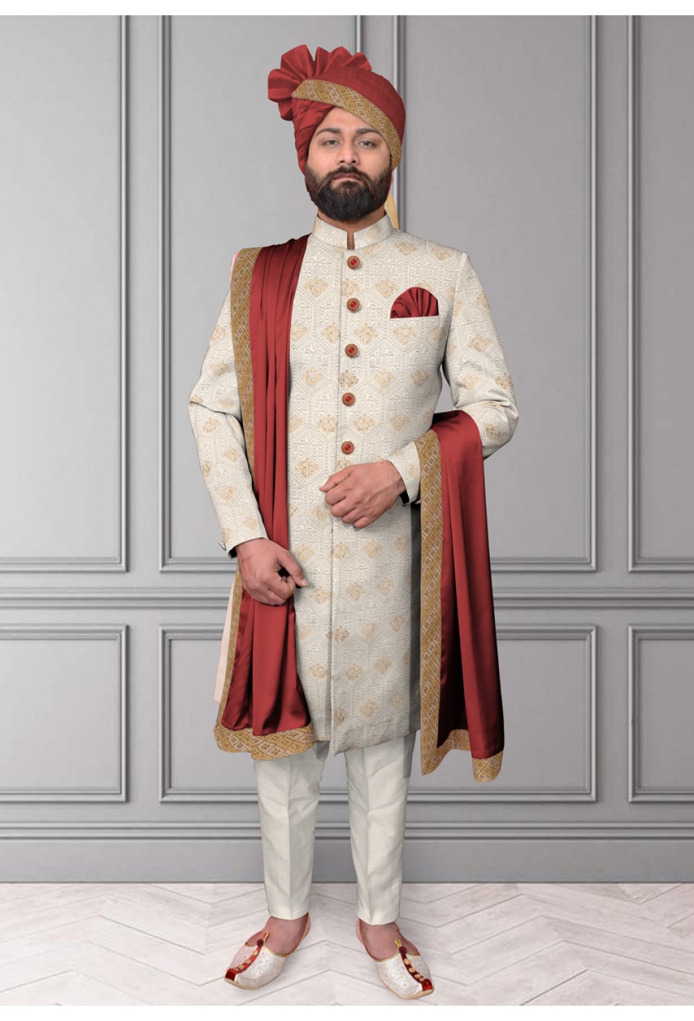 Mehroon Gold Embroidred Sherwani