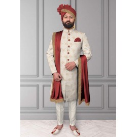 Mehroon Gold Embroidred Sherwani