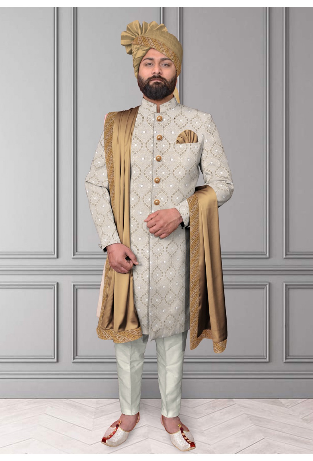 Off white Sherwani with golden stall