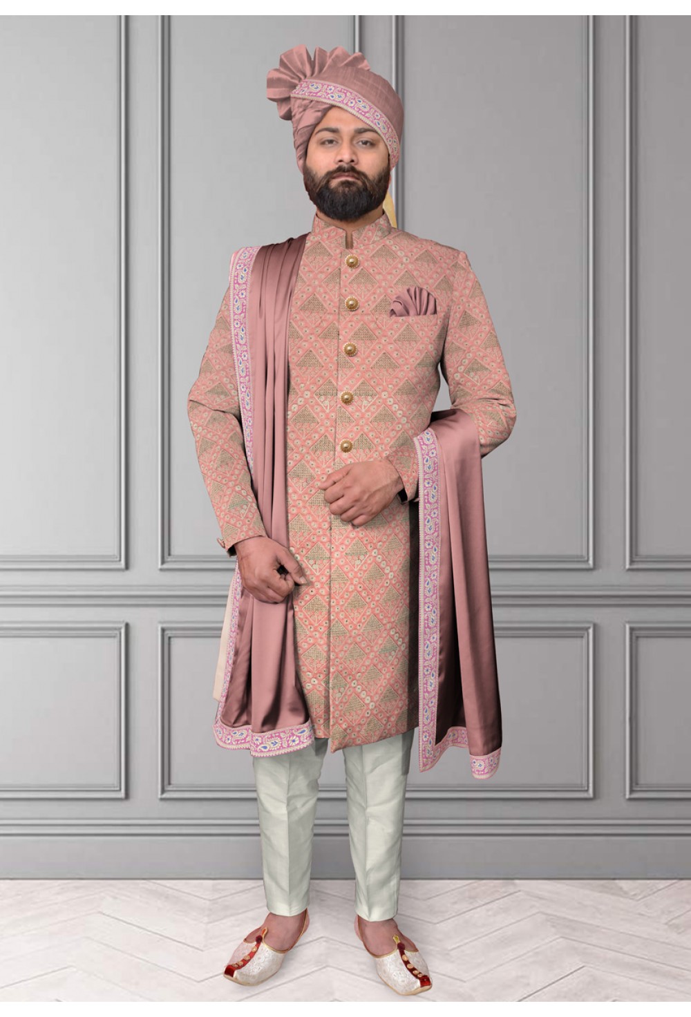 Peach thread embroidred sherwani