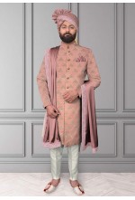 Peach thread embroidred sherwani