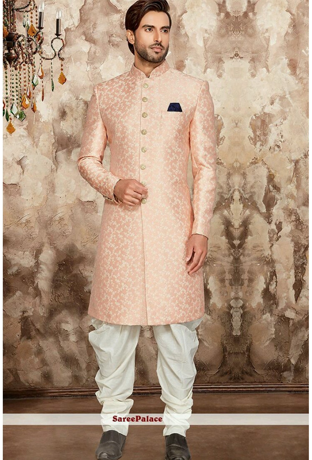 Peach Brocket Achkan