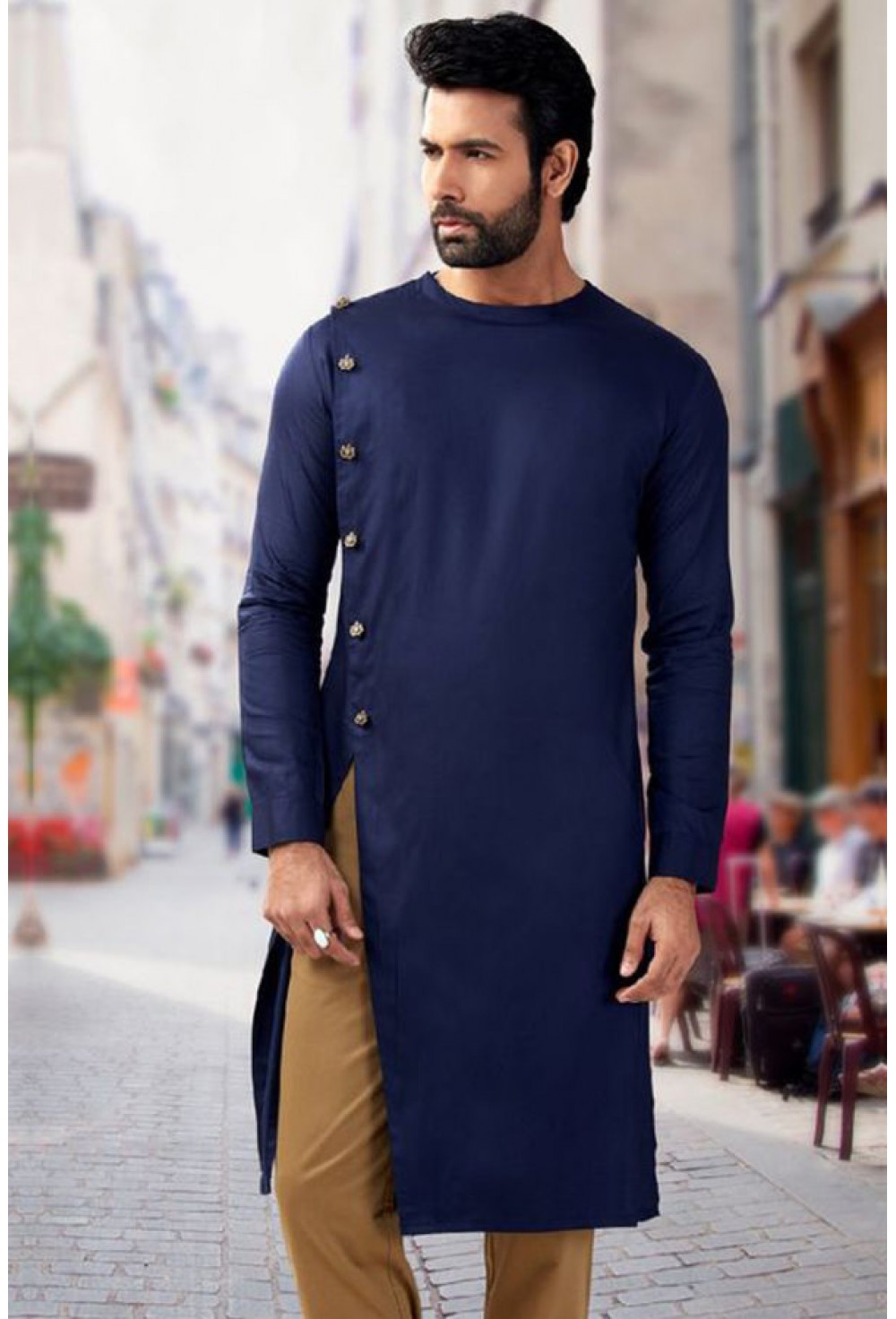 Blue side button designer kurta