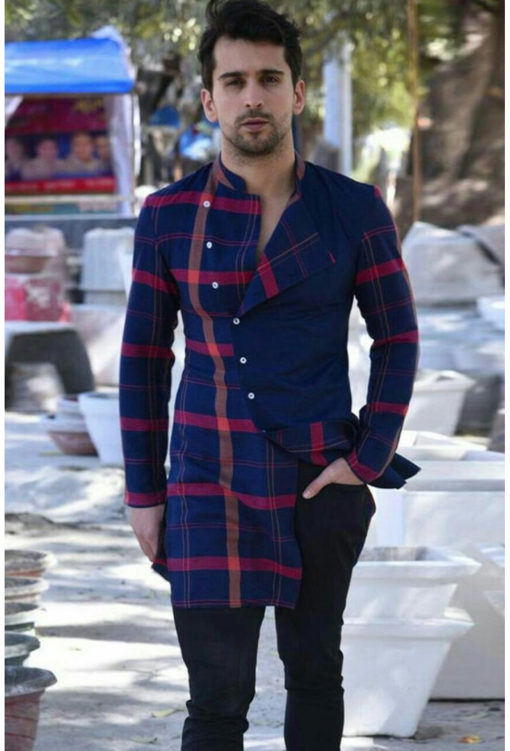Navy blue check designed kurta