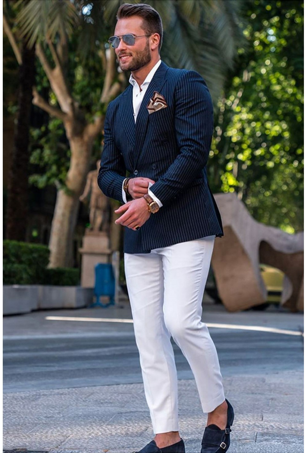 Stripe blazer and white trouser