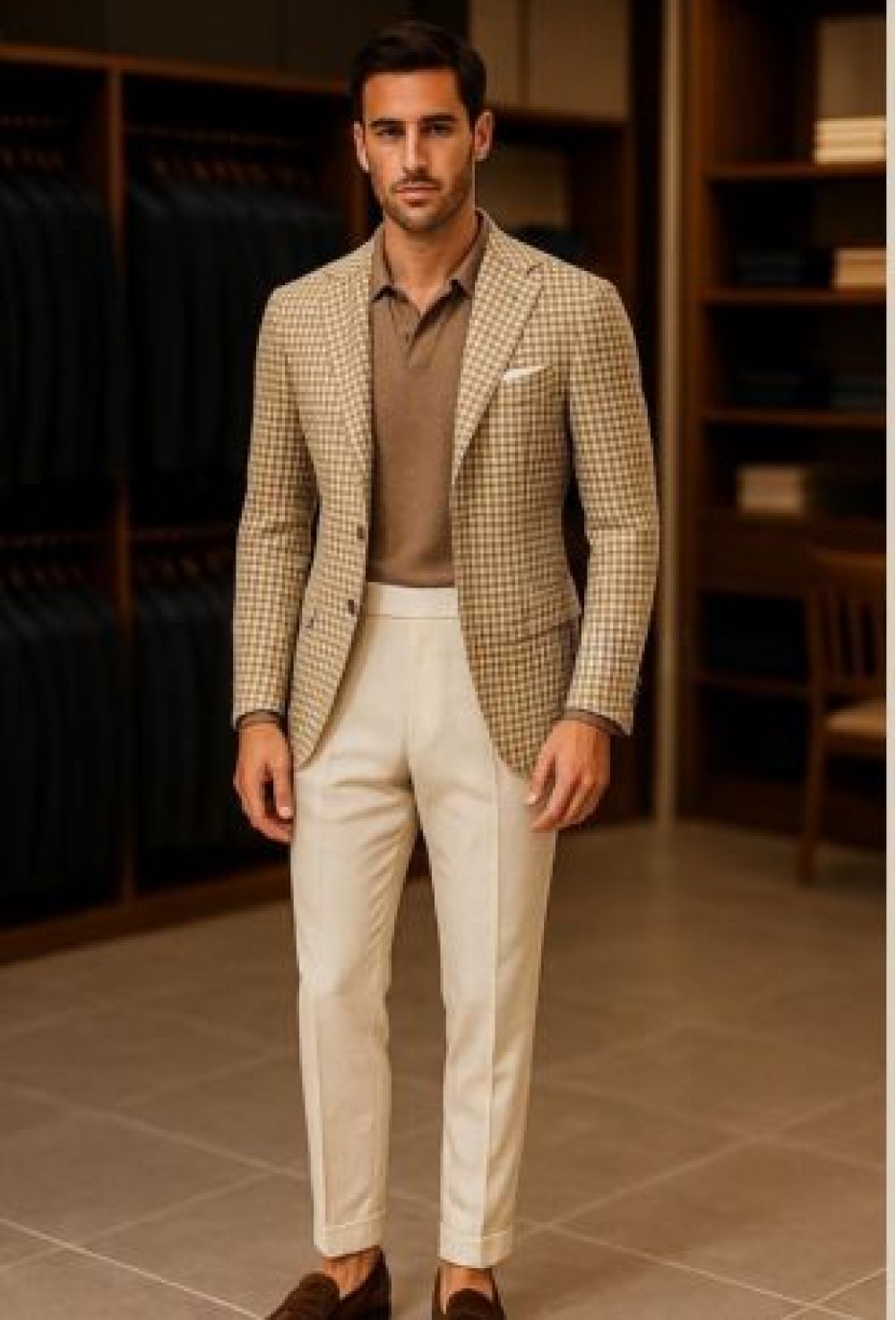 “Milano Beige Check Luxe Suiting Fabric”