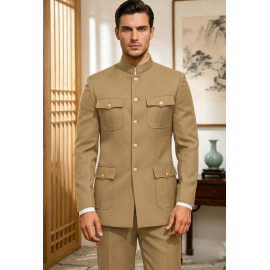 Classic Khaki Beige Military Safari Bandhgala Suit