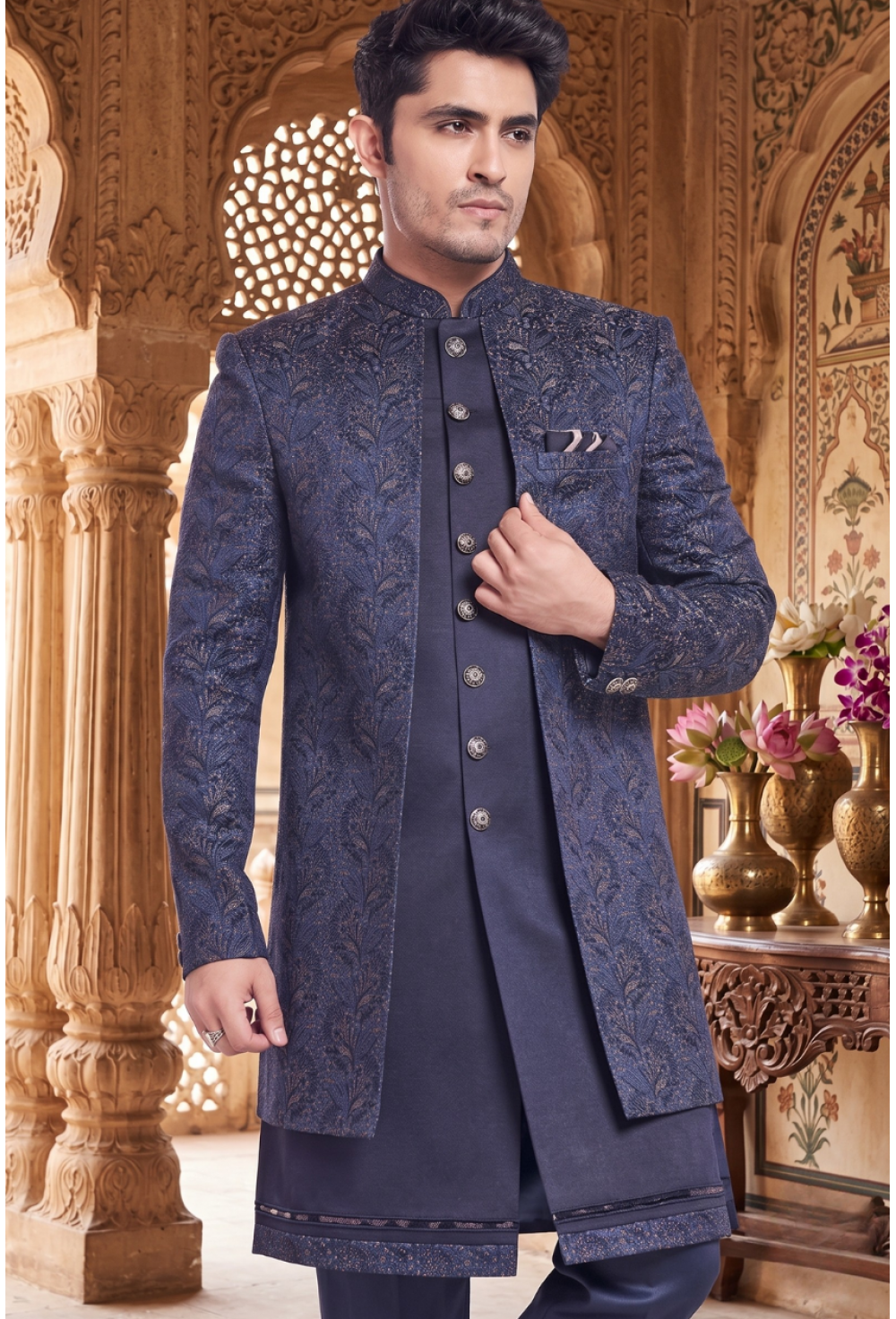 Men's Midnight Blue Brocade Jacquard Indo-Western