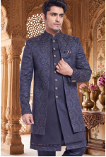 Men's Midnight Blue Brocade Jacquard Indo-Western