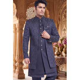 Men's Midnight Blue Brocade Jacquard Indo-Western