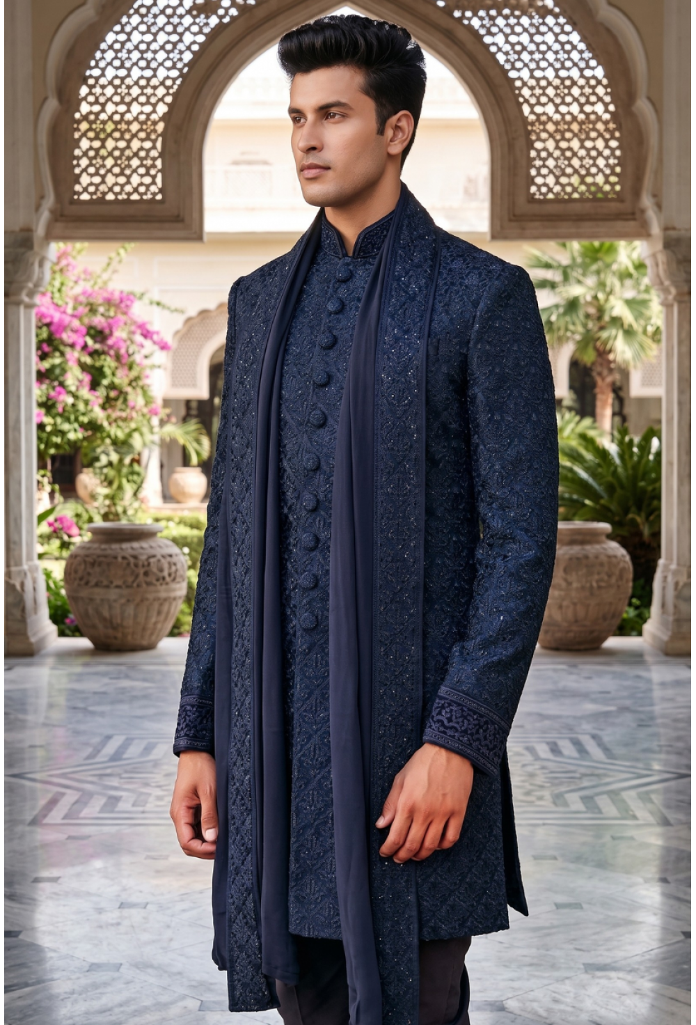 Men's Royal Navy Blue Tone-on-Tone Embroidered Indo-Western Sherwani Set with Stole