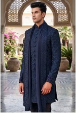 Men's Royal Navy Blue Tone-on-Tone Embroidered Indo-Western Sherwani Set with Stole