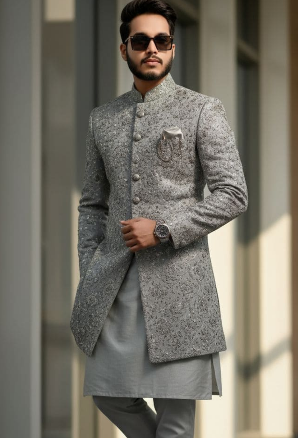 Men's Embroidered Ash Grey Indo-Western