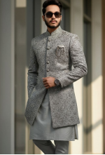 Men's Embroidered Ash Grey Indo-Western