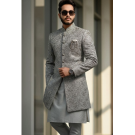 Men's Embroidered Ash Grey Indo-Western