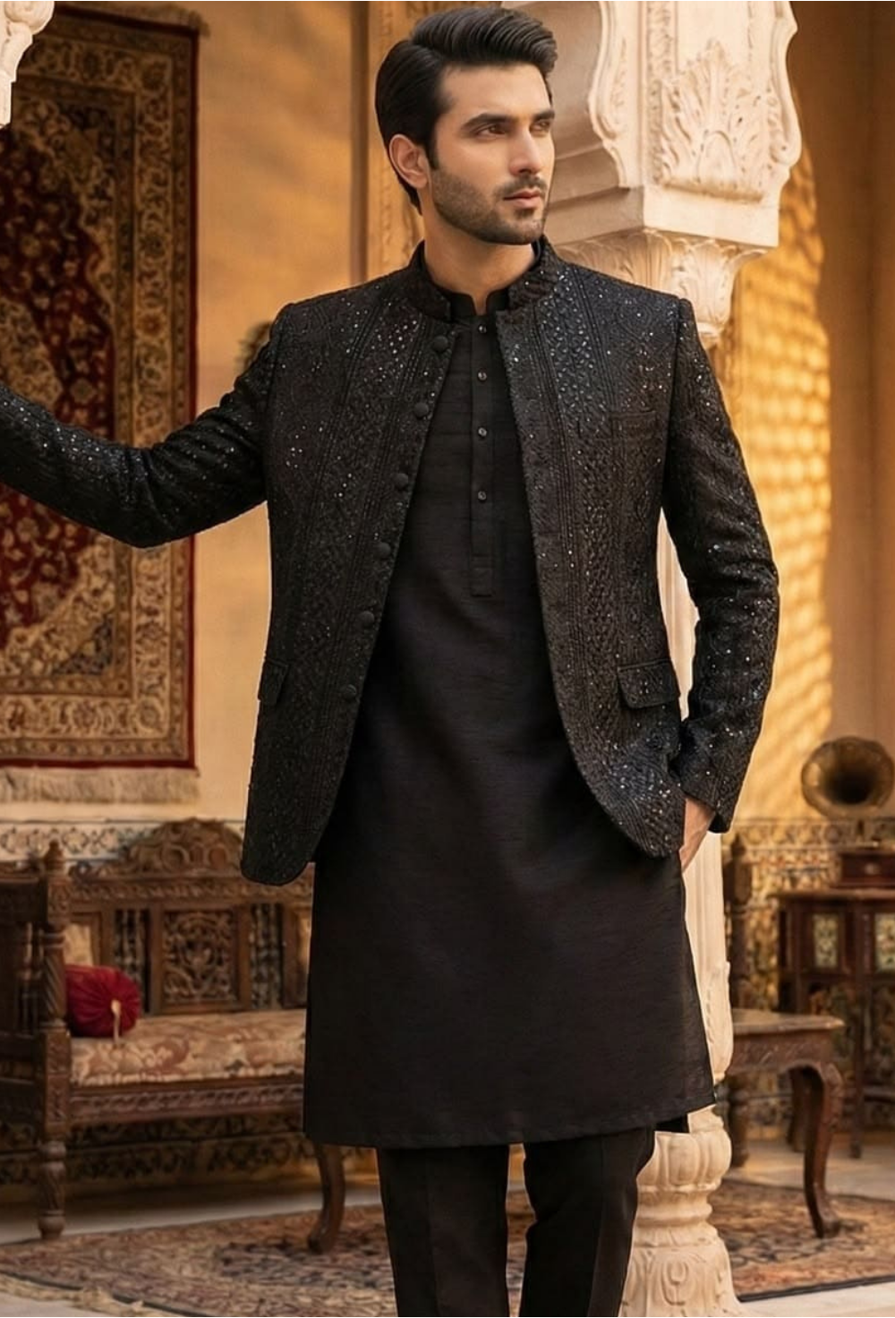 Men's Jet Black Mirror & Sequin Embroidered Indo-Western