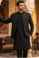 Men's Jet Black Mirror & Sequin Embroidered Indo-Western