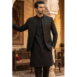Men's Jet Black Mirror & Sequin Embroidered Indo-W..