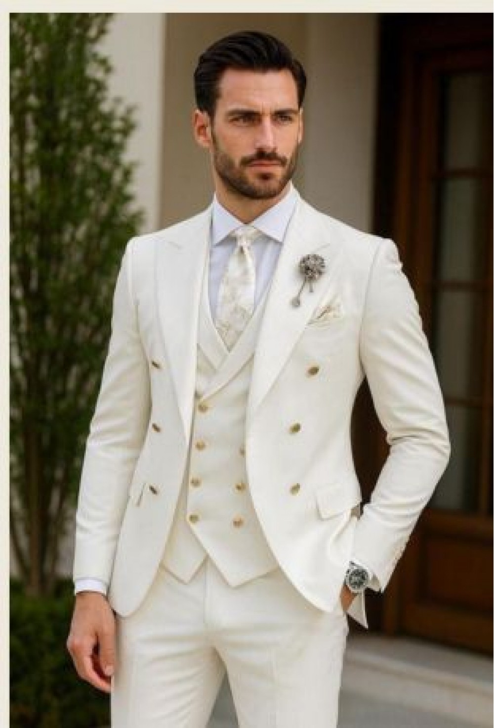 Premium Off-White Three-Piece Double-Breasted Suit Set