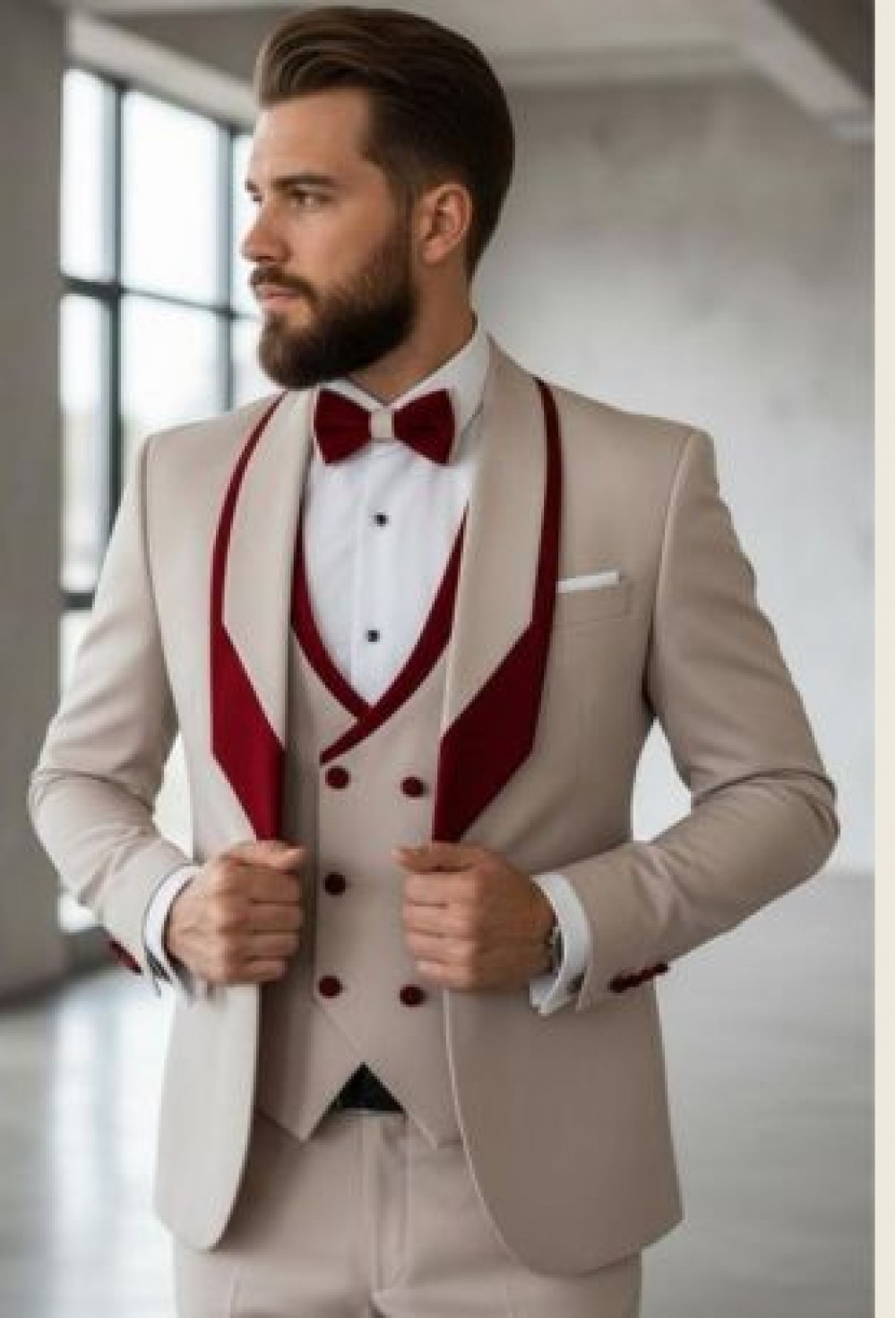 Beige & Wine Contrast Three-Piece Designer Suit Set