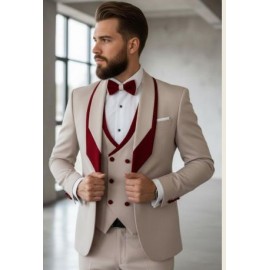 Beige & Wine Contrast Three-Piece Designer Suit Se..