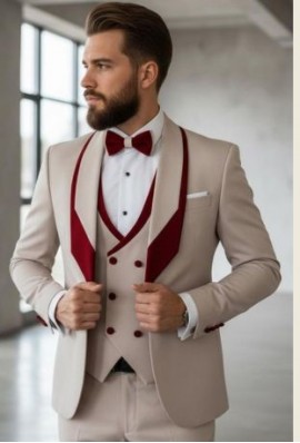 Beige & Wine Contrast Three-Piece Designer Suit Set