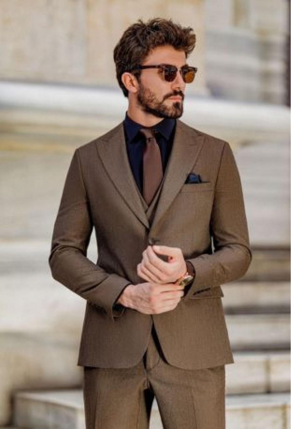 Classic Brown Textured Three-Piece Suit Set