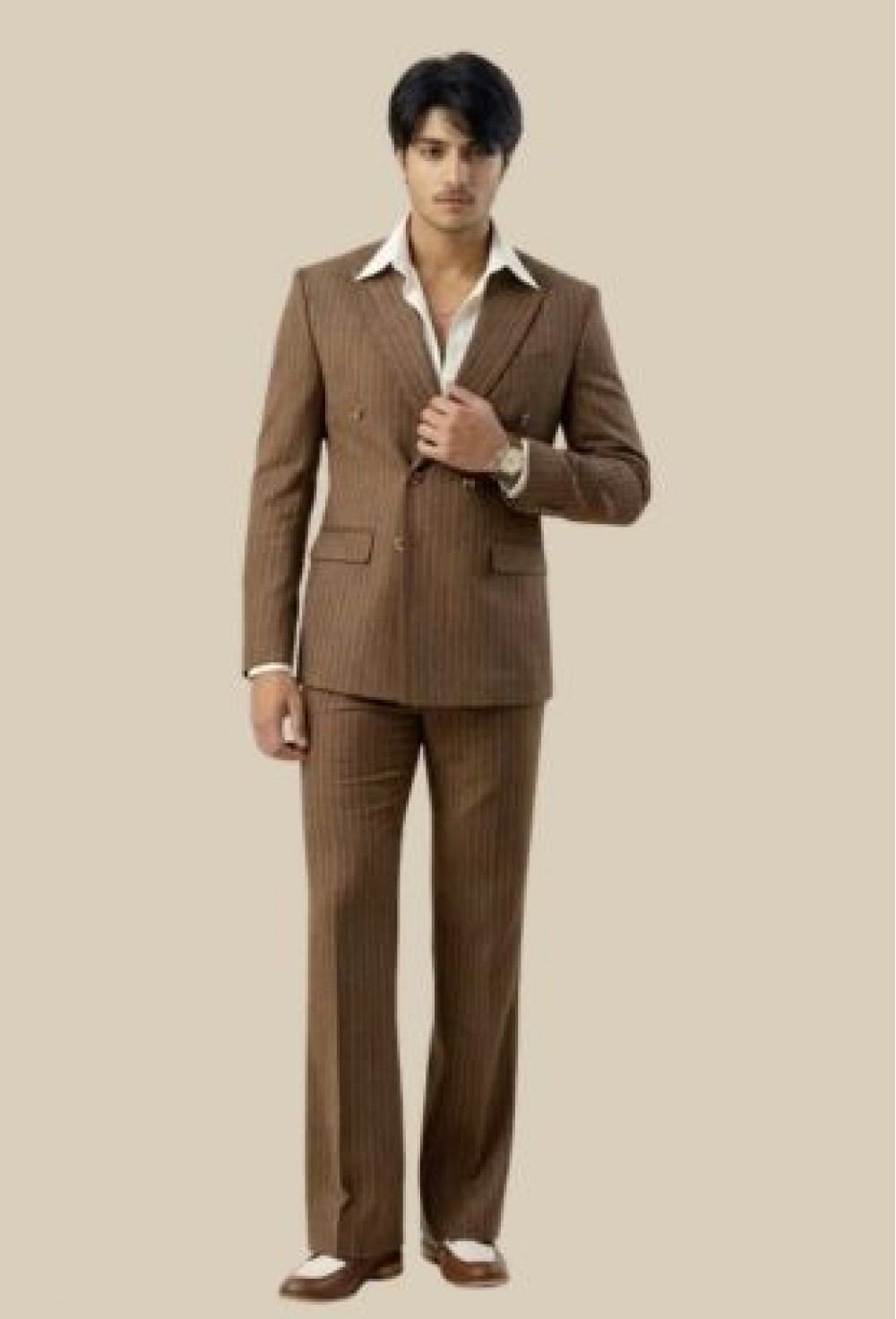 Vintage Brown Pinstripe Double-Breasted Suit Set