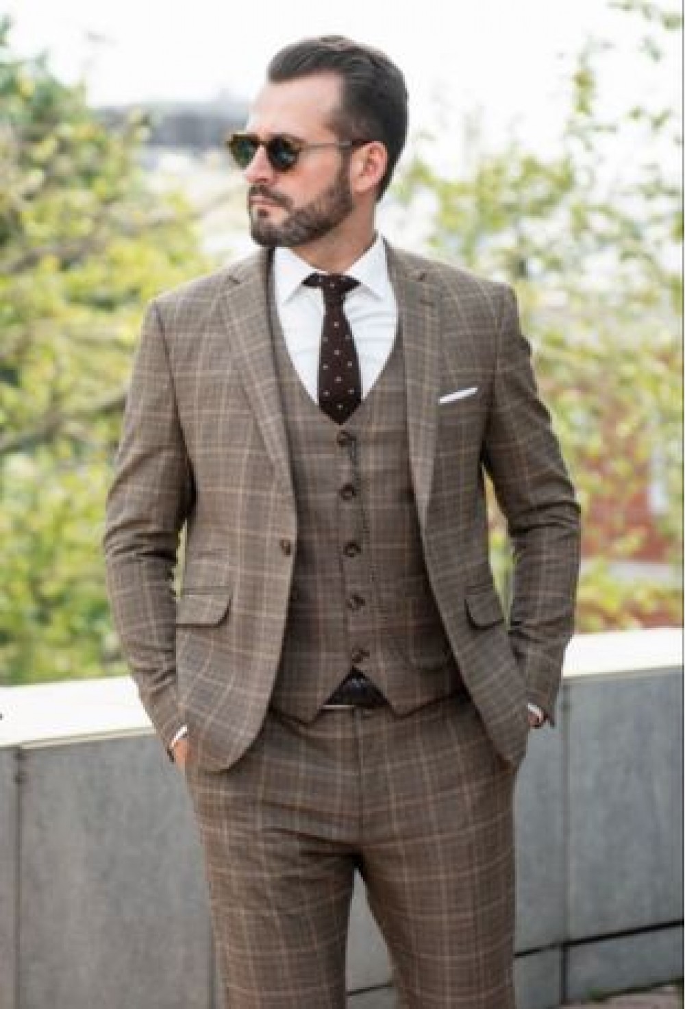 Classic Brown Checkered Three-Piece Suit Set