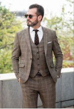 Classic Brown Checkered Three-Piece Suit Set