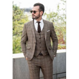 Classic Brown Checkered Three-Piece Suit Set