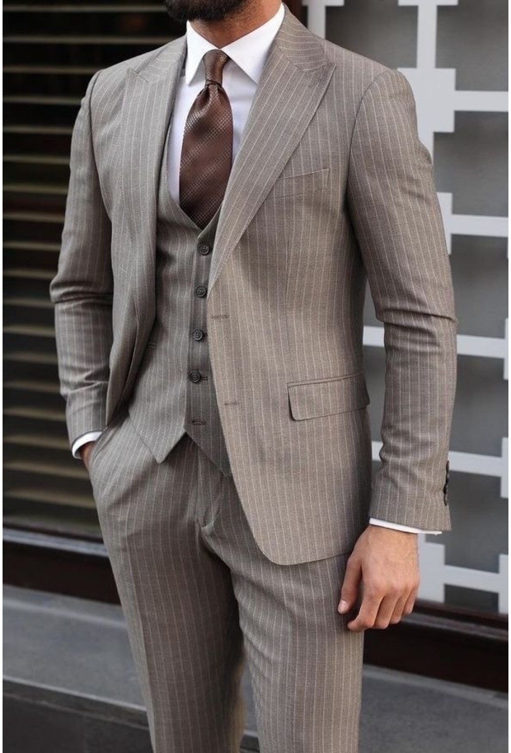 Beige Taupe Pinstripe Three-Piece Suit