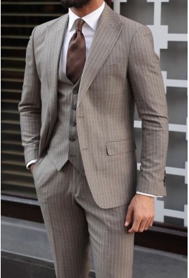 Beige Taupe Pinstripe Three-Piece Suit