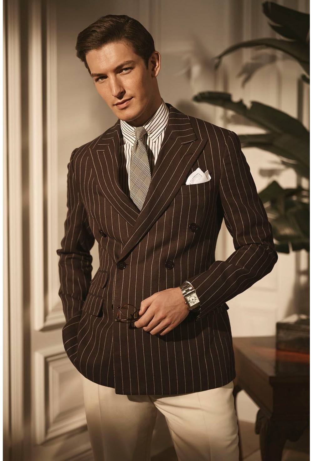 Chocolate Brown Pinstripe Double-Breasted Blazer