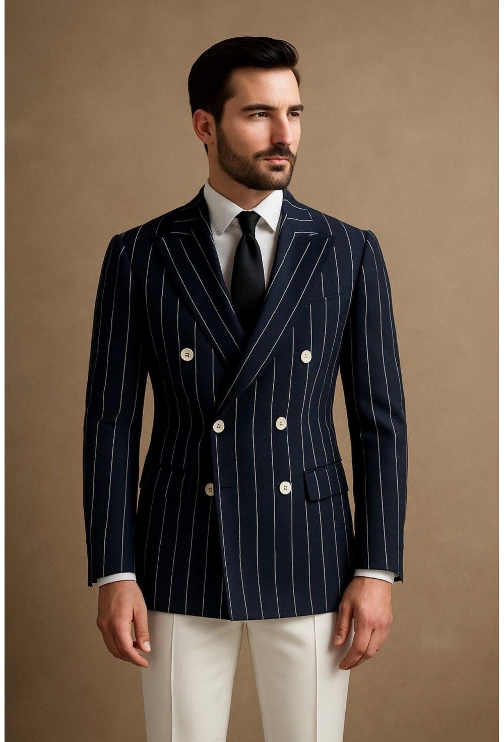 Navy Blue Pinstripe Double-Breasted Blazer Fabric