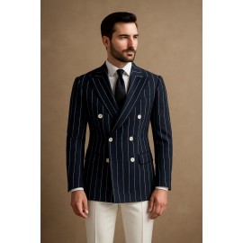 Navy Blue Pinstripe Double-Breasted Blazer Fabric