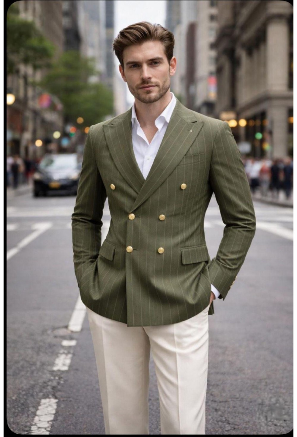 Olive Green Double-Breasted Blazer