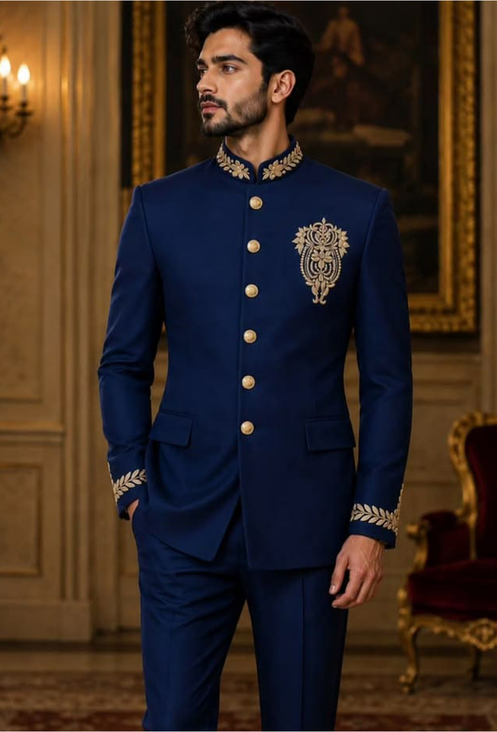 Premium Royal Navy Blue Bandhgala Suit