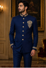 Premium Royal Navy Blue Bandhgala Suit