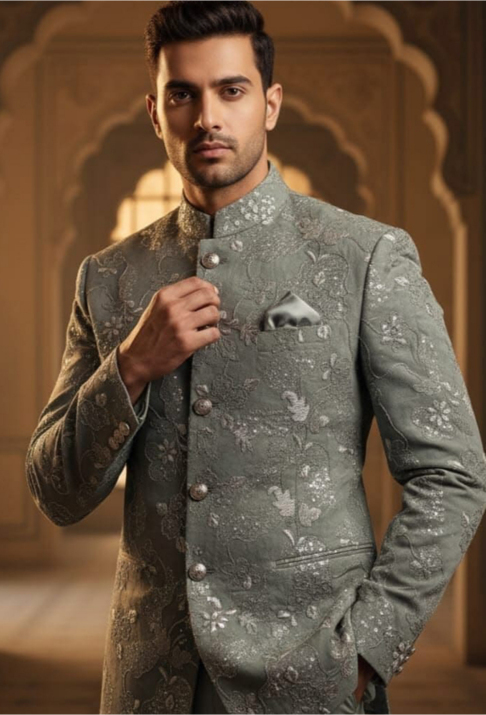 Premium Sage Grey Floral Jacquard Bandhgala