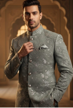 Premium Sage Grey Floral Jacquard Bandhgala