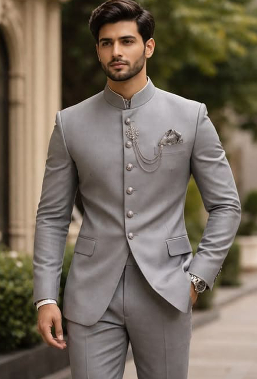 Premium Silver Grey Bandhgala Suit