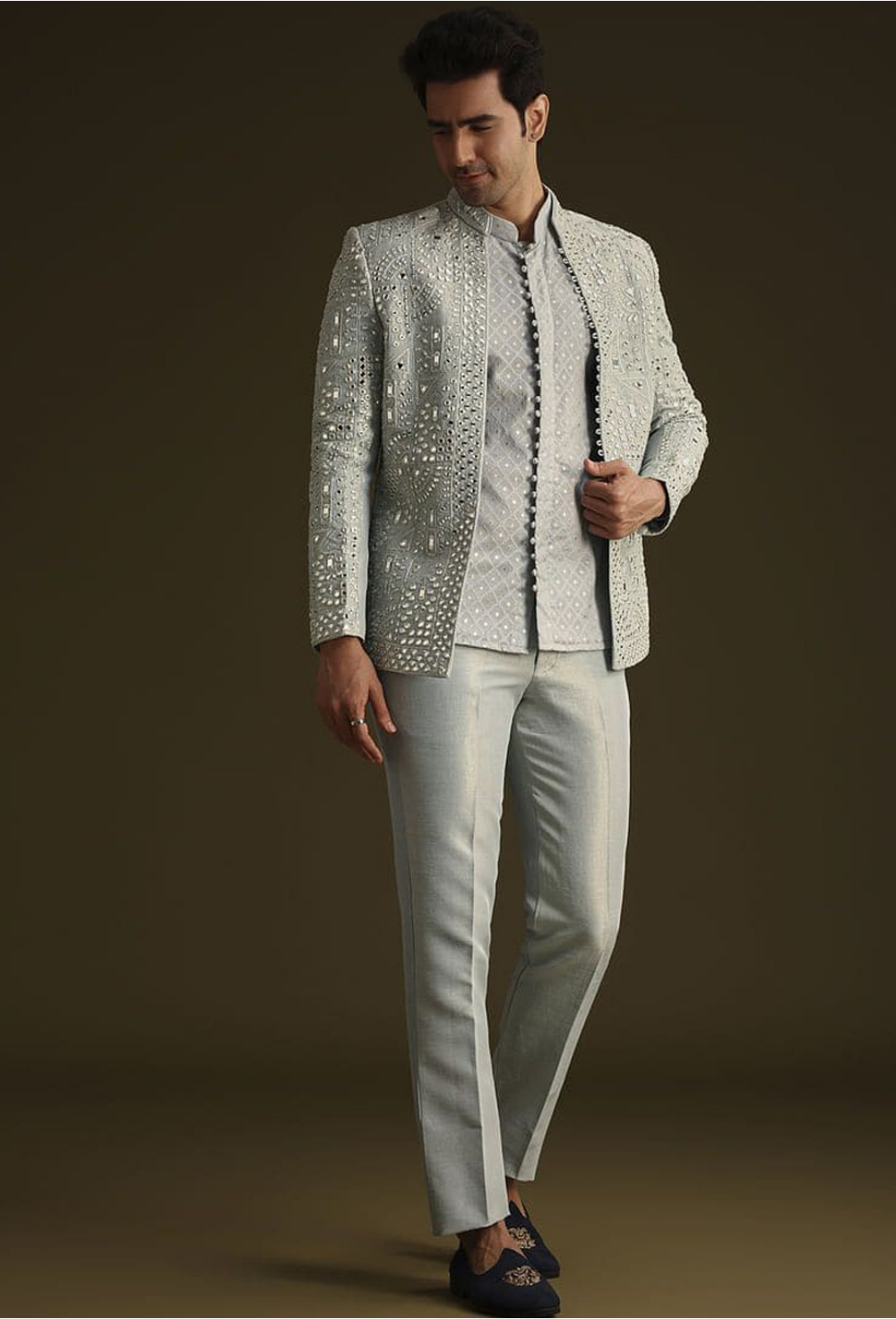 Premium Ivory Silver Embroidered Jacquard Bandhgala