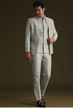 Premium Ivory Silver Embroidered Jacquard Bandhgala